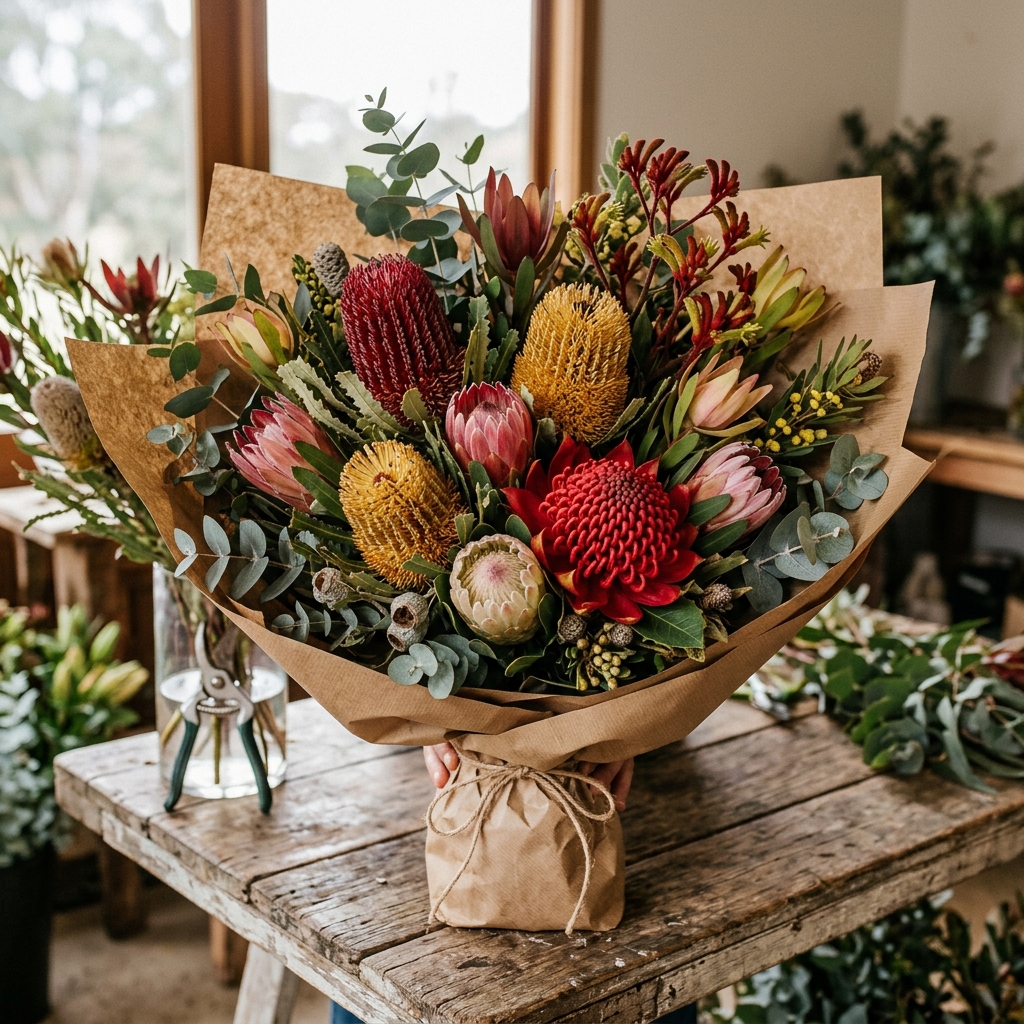 Native Australian wildflower arrangement in a rustic box