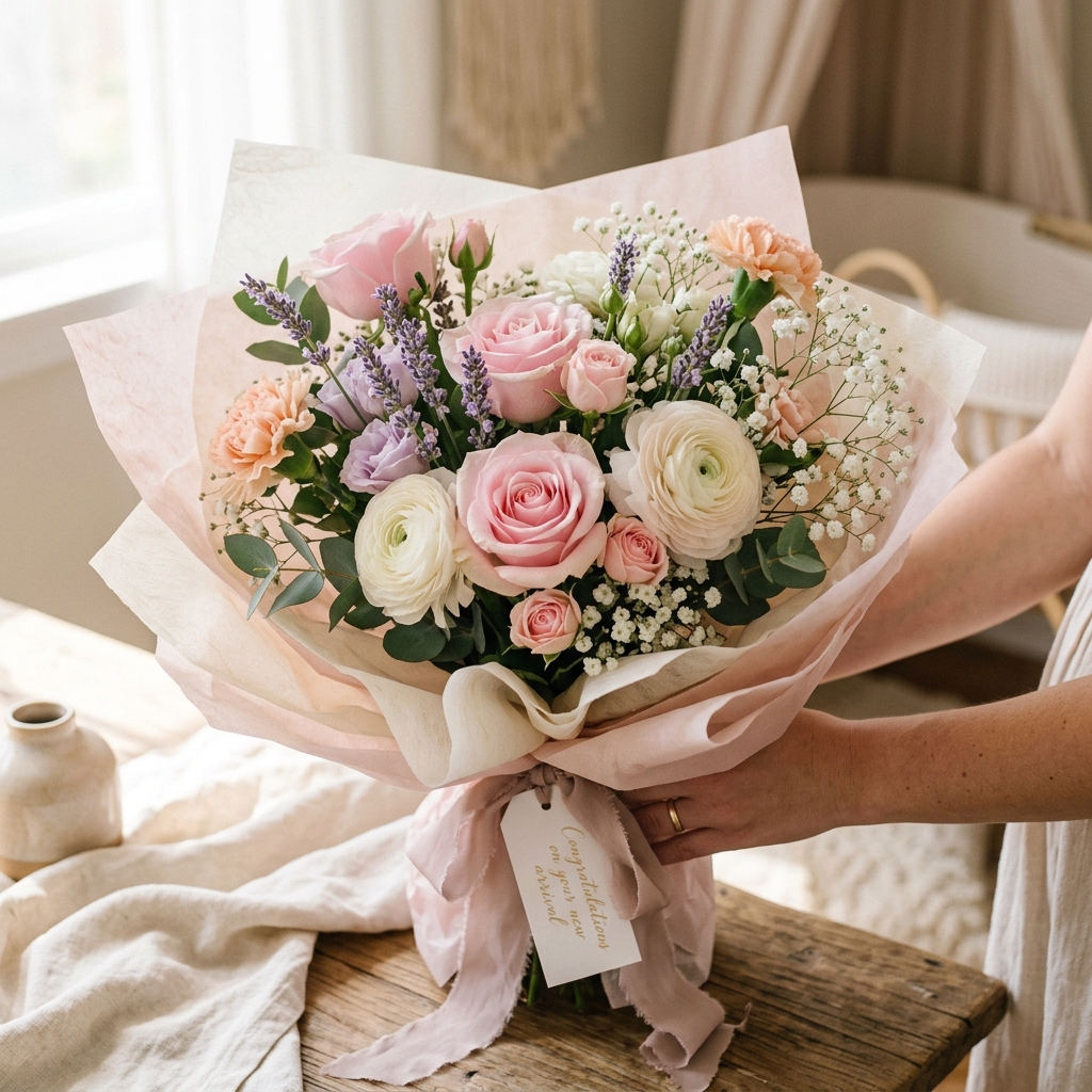 Soft pastel maternity bouquet with pink peonies and white roses