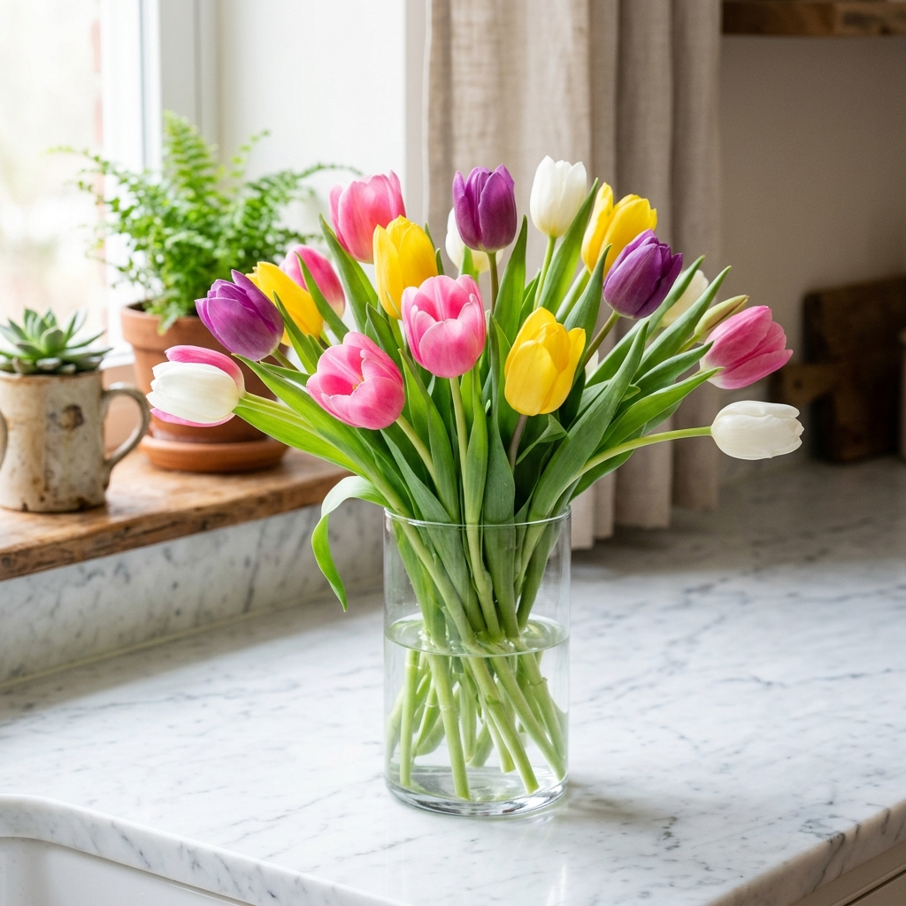 Vibrant spring tulips arranged in a glass vase