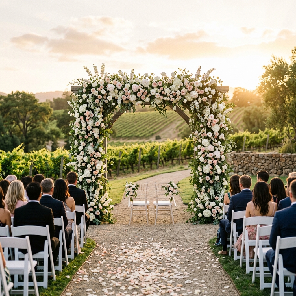Eucalyptus garland decorating a wedding ceremony arch